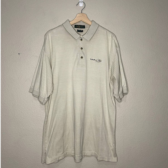 AM Player Shirt Cream White Checked Collared Button Cotton Golf Polo Size Large - Picture 1 of 11